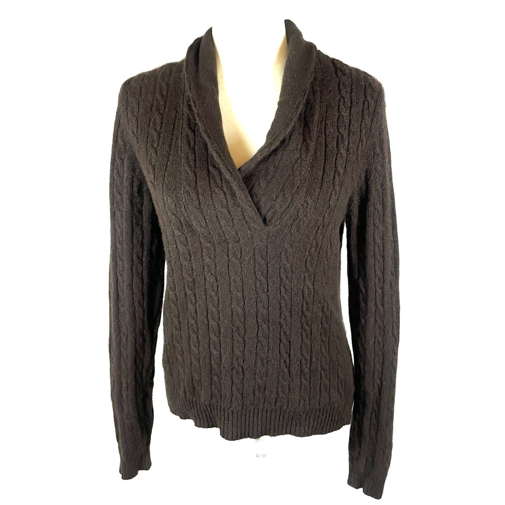 LRL Ralph Lauren Brown Womens Large READ 100% Cashmere Cable Knit V Neck Sweater